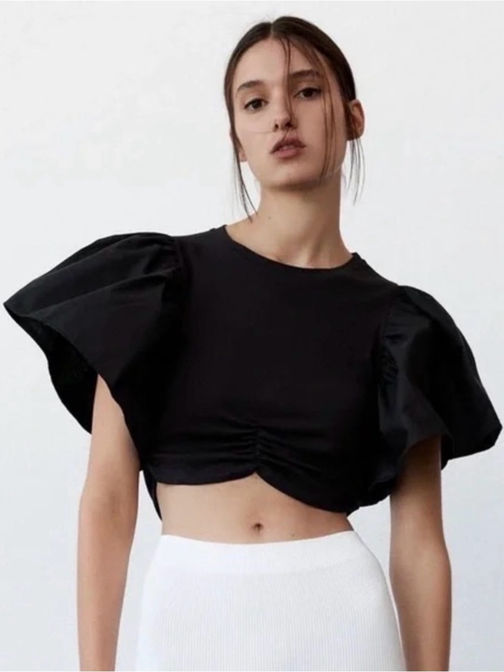 Zara Black Flutter-Sleeve Cropped Top